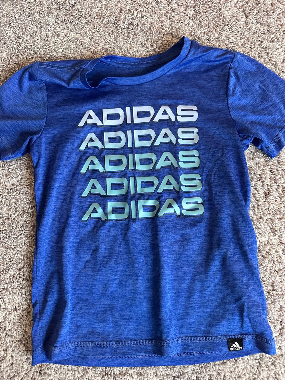 Adidas Boys Size 7 Blue Heathered Stacked Logo Graphic Short Sleeve T-Shirt